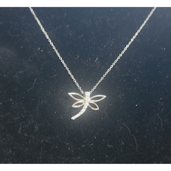 925 Sterling Silver Necklace 18" w fine Silver Dragonfly Pendant Cubic Zirconia - Picture 2 of 16